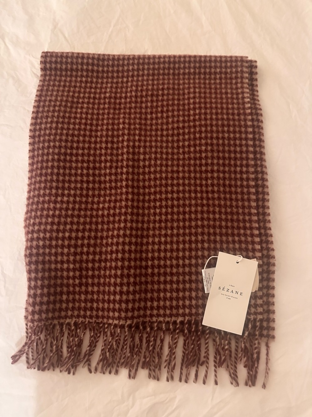 NWT Sezane Serafine Burgundy Houndstooth Fringe Scarf